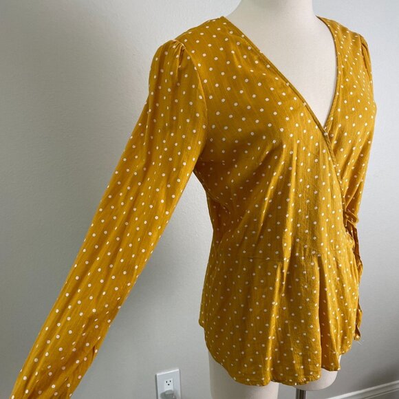 NEW Old Navy Womens Medium Tall Yellow Polka Dot Wrap Shirt Long Sleeve Top - Picture 4 of 11